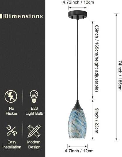 ANYLOVE Vintage Art Blue Pebble Pendant Lighting,3-Pack Hand Glass Hanging Light Fixture,Adjustable Cord for Kitchen,Hallway,Dining Room