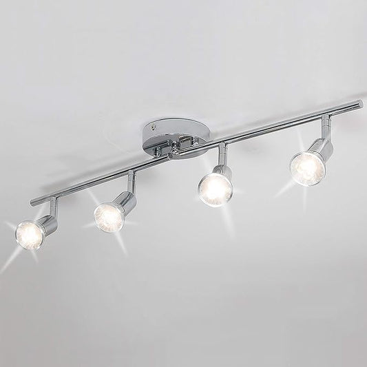 Qcyuui Modern 4-Light Track Lighting Kit, Flush Mount Wall/Ceiling Spot Lights Fixture, LED Track Lighting with Chrome Rotatable Light Head for Kitchen Living Room, 4×GU10 Bulb (Included)