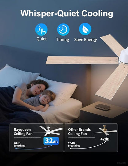 Rayqueen 60 Inch Ceiling Fans with Lights and Remote, 6 Speed Reversible DC Motor, 3CCT Dimmable LED, 5 Blades, White Modern Ceiling Fan for Bedroom, Living Room & Covered Outdoor, Includes Downrod