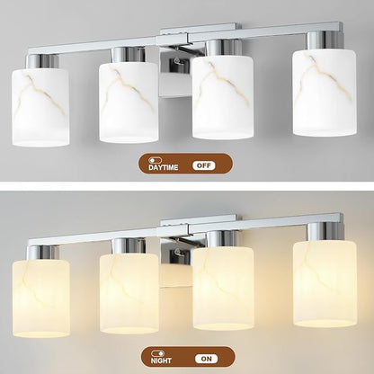 4-Light Bathroom Light Fixtures, Modern Vanity Lights, Chrome Metal Wall Lamp with White Marble Glass for Bathroom, Mirror, Living Room, Bedroom, Cabinet, Porch, Hallway, E26 Base