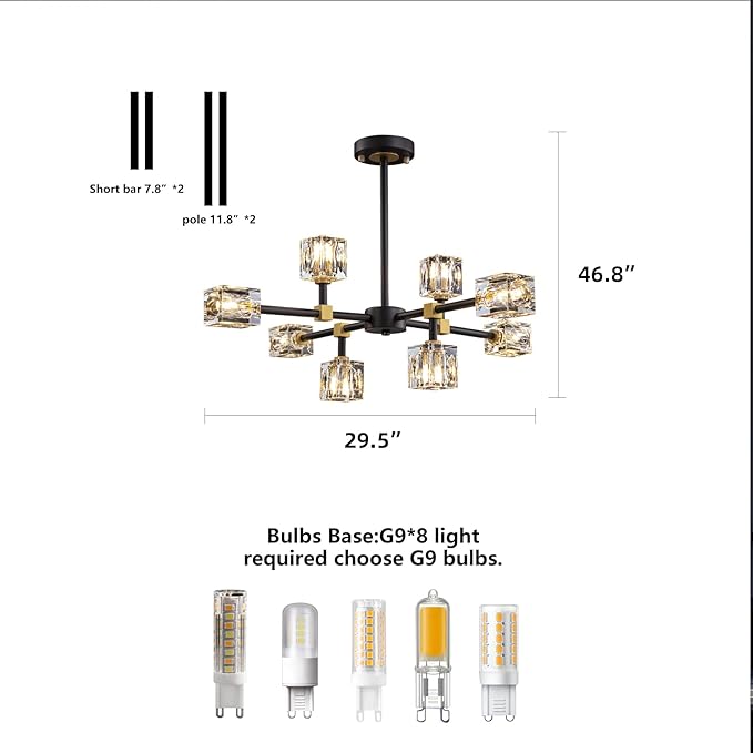 Black Sputnik Chandelier,Crystal Chandeliers with 8-Lights,Modern Semi Flush Mount Ceiling Light Fixture with Adjustable Height,Pendant Light Fixture for dining room,kitchen island,bedroom,living room