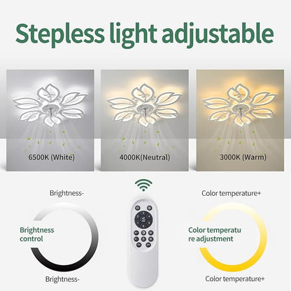 White Flower Modern Ceiling Fans with Lights, Low Profile Ceiling Fan with Remote for Bedroom, Flush Mount Ceiling Fan with LED Dimmable Light,3-Colors, 6-Speeds, Ceiling Fans Light