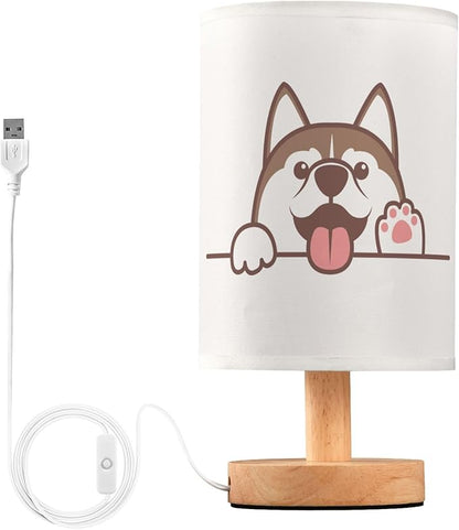 Cute Siberian Husky Dog Peeking Cartoon Animal Table Lamp with Wood Base Fabric Lamp Shade Bedside Nightstand Desk Lamp for Living Room Bedroom Kids Room Office