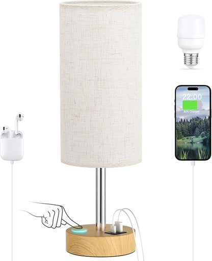 Dicoool Touch Bedside Table Lamp with USB - 3 Way Dimmable Wood Lamp for Bedroom Nightstand, Desk Lamp with Charging Station for Dorm, Living Room, Office, Kids Room, Small, 14in