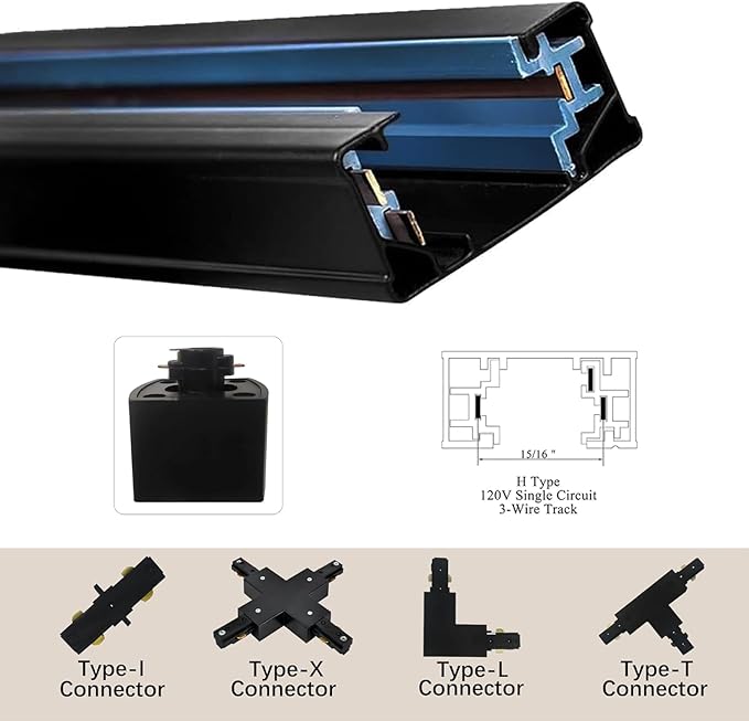 Black H Type Track Lighting Rails Kit with 13FT Track Lighting System Single Circuit 3-Wire-1 H Track Rail with 4 I Connectors, Made of Aluminum