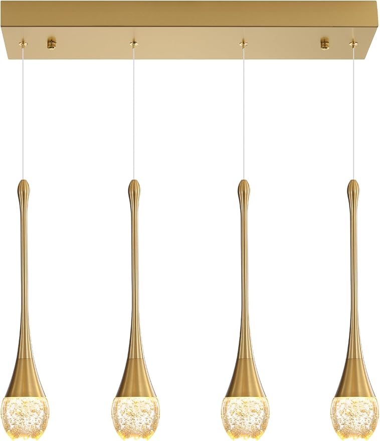 ykolupty Dining Room Light Fixture 4-Light Gold Kitchen Island Lighting Industrial Linear Crystal Chandeliers for Dining Room Pendant Light Fixture for Living Room Hallway Bedroom