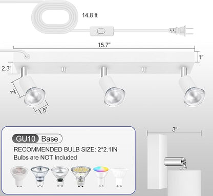 Plug-in Track Lighting, LED Track Lighting Fixtures Ceiling Kit, 16" White Plug in Wall Light with 14.8ft Cord, 3-Light Ceiling Spotlight,Rotatable Kitchen Light Head for Bedroom Hallway(GU10,NO Bulb)