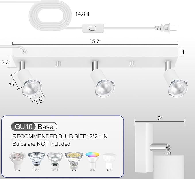 Plug in Track Lighting, 16" LED Track Light Fixtures Ceiling, White 3 Way GU10 Wall Spotlight, Rotatable Track Head, Plug in Ceiling Light Kitchen Hallway Living Room,15 Foot Power Cord(NO Bulb)