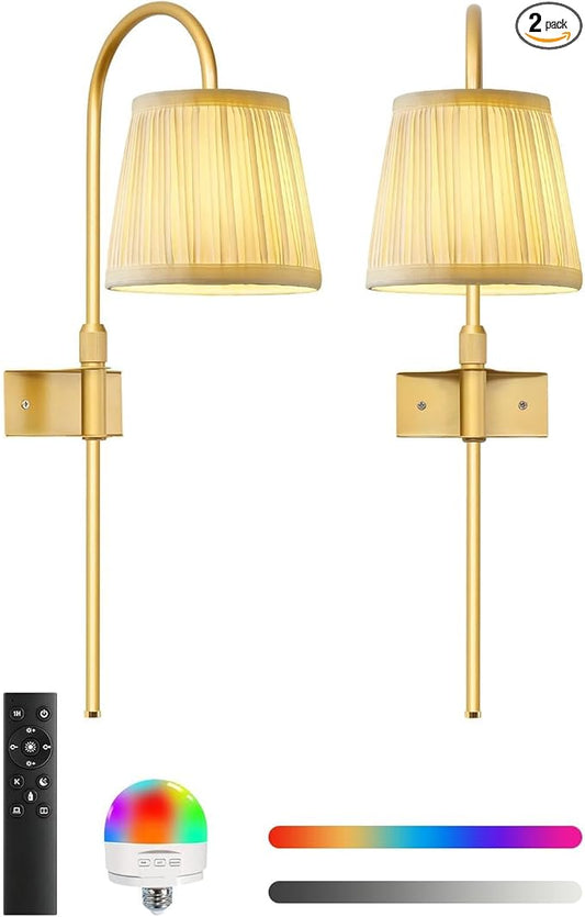 ZECOXOL Vintage Battery Operated Wall Sconces Set of 2, Gold Rechargeable Wireless Wall Lamp Lights with Fabric Lampshade & LED Remote Bulb,Dimmable Flower Wall Sconce for Bedroom Living Room Hallway