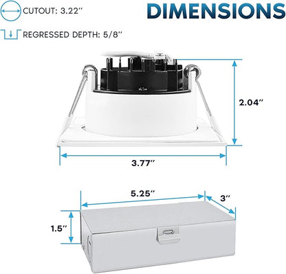 LUXRITE 3 Inch Square LED Recessed Ceiling Light with Junction Box, 10W, 5CCT Selectable 2700K/3000K/3500K/4000K/5000K, 800LM High Brightness, Dimmable Canless Downlight, Wet Rated, ETL (4 Pack)