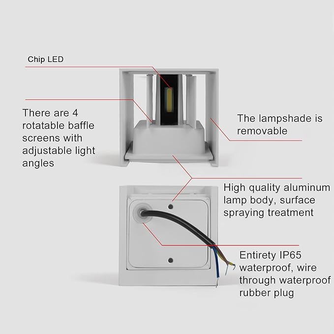 2 PCS 12W Outdoor Sconces Wall Lights LED Exterior/Interior Up and Down Lights IP65 Waterproof Modern Outdoor Lighting Fixtures Square Aluminum Exterior Wall Mount Light White 6500K Cold Lights