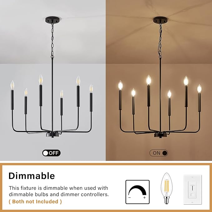 Black Chandelier, Modern Farmhouse Dining Room Light Fixture 6-Light Chandelier with Chain, Metal Hanging Lighting Fixtures Candle Dining Lights for Kitchen, Living Room, Bedroom, Foyer