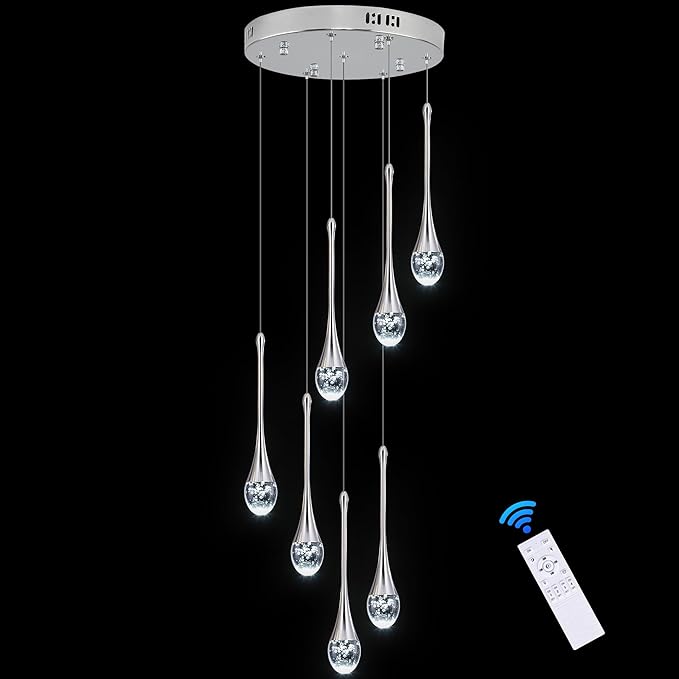 Modern Crystal Chandelier 7-Lights Chrome, H60'' High Ceiling Spiral Dimmable LED Bubble Crystal Raindrop Light Fixture for Foyer Entryway Dining Room Remote Control