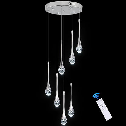Modern Crystal Chandelier 7-Lights Chrome, H60'' High Ceiling Spiral Dimmable LED Bubble Crystal Raindrop Light Fixture for Foyer Entryway Dining Room Remote Control