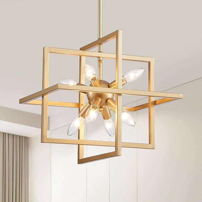 XINGQI 14.96" Gold Chandelier Geometric Pendant Lighting 8-Light Farmhouse Modern Ceiling Light Fixtures for Dining Room Living Room Kitchen Island Bedroom Hallway