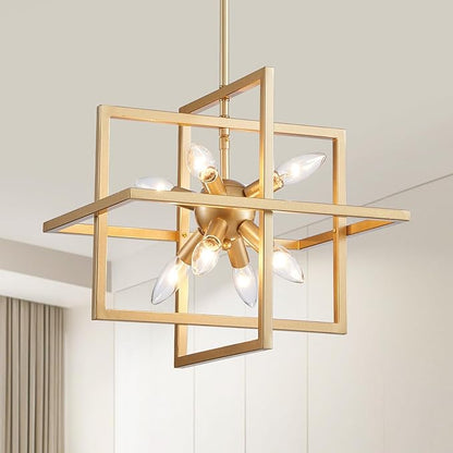 XINGQI 14.96" Gold Chandelier Geometric Pendant Lighting 8-Light Farmhouse Modern Ceiling Light Fixtures for Dining Room Living Room Kitchen Island Bedroom Hallway