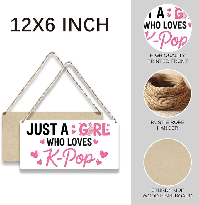K-pop Gifts for Teen Girls, Music Gifts for Women, Kpop Wood Sign Gift for Girl decorations, Rustic Anime Lovers Wooden Hanging Plaque for Home 12 × 6 Inches White