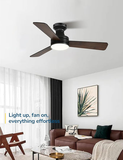 Orison Ceiling Fans with Lights 42 Inch, Low Profile Flush Mount Ceiling Fan, RGB Backlight & Dimmable Lighting, Remote & App Control, 6 Speeds, 3 Reversible Blades, Black/Wood