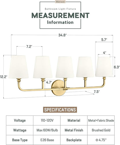 5-Light Bathroom Light Fixtures, Brushed Gold Vanity Lights with Flared Beige Fabric Shade, 35 Inch Wall Sconce, Vintage Sconces Wall Lighting for Hallway Bedroom, VL837-BG-B-5
