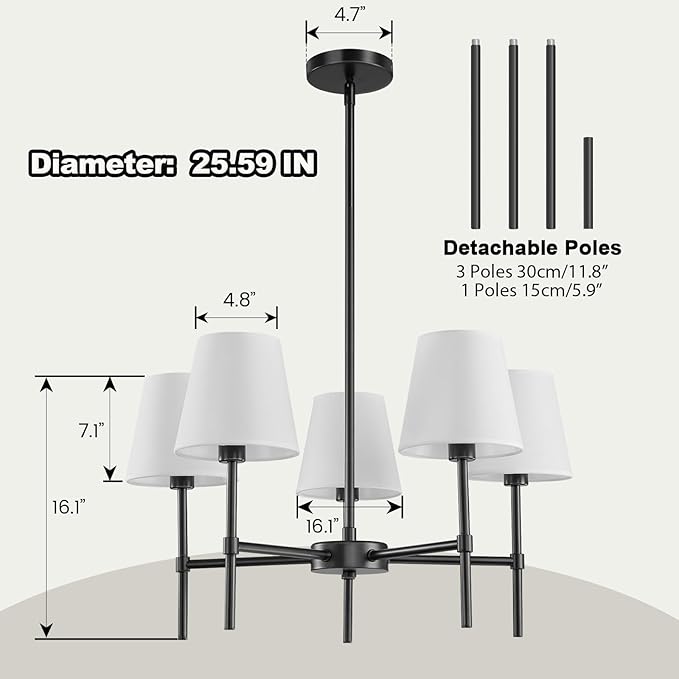 RUIYEY Dining Room Chandeliers Light - 5-Light 25.6 Inch Black Modern Chandeliers Light Fixtures with White Fabric Shade, Height Adjustable Pendant Island Lights for Entryway Farmhouse