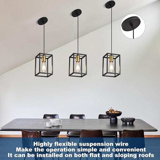 Black Pendant Lights for Kitchen Island Industrial Lantern Pendant Light Fixtures with Golden lamp Cup, Farmhouse Adjustable Height Hanging Pendant Lighting