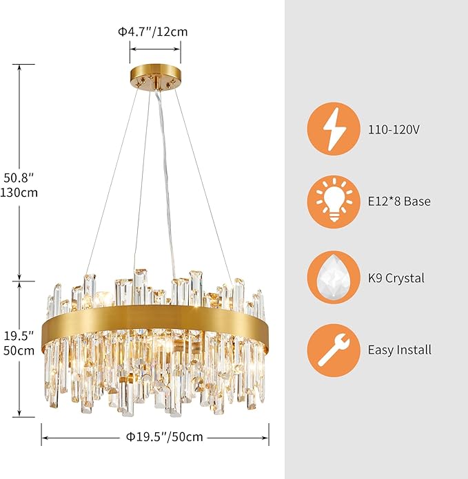 Saint Mossi 20" Dimmable Modern LED Crystal Chandelier, Luxury Round Lingting Fixture with Crystal Strips, Gold Metal Frame, 8-Light E12 Fixture for Dining Room, Living Room (D20 x H20)