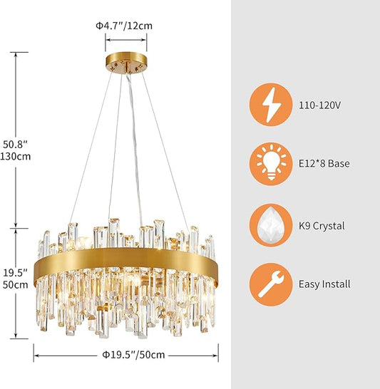 Saint Mossi 20" Dimmable Modern LED Crystal Chandelier, Luxury Round Lingting Fixture with Crystal Strips, Gold Metal Frame, 8-Light E12 Fixture for Dining Room, Living Room (D20 x H20)