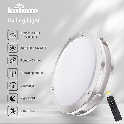 Kalium LED Ceiling Light with Remote 2 Pack 14 Inch Flush Mount Ceiling Light Fixture, 24W 3000K-6000K Adjustable Color Temperature, Dimmable Lighting Fixtures for Kitchen Bedroom. Hardwired