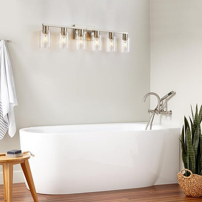 6-Light Bathroom Vanity Light, Brushed Nickel Vanity Lights for Bathroom, Bathroom Lights Fixtures Over Mirror, Large Vanity Light Over Mirror Modern Wall Sconce with Clear Glass Shade