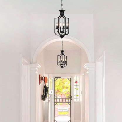 10.63" Black Chandelier 4-Lights Modern Farmhouse Lantern Chandeliers for Dining Room Rustic Metal Cage Industrial Vintage Adjustable Pendant Light Fixture for Foyer Kitchen Entryway Hallway E12