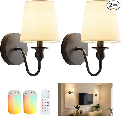 Battery Operated Wall Sconce Set of 2,Wireless Wall Sconces with 10000 mAh,RGB Rechargeable Sconces with Remote,Cordless Wall Lights for Bedroom,Living Room,Bathroom,Renter Friendly Home Decor (Black)