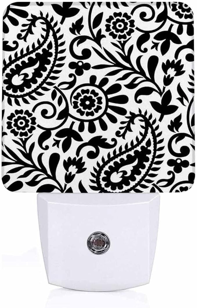 LED Night Light Lamp with Smart Sensor Dusk to Dawn Sensor,Paisley Black White Night Light Daylight White,0.5W Plug-into Wall for Adults,Bedroom,Bathroom,Hallway,Kitchen