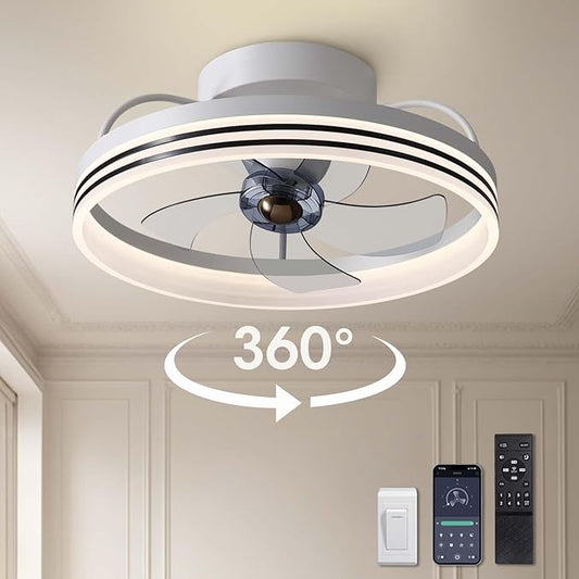 LUDOMIDE Ceiling Fans with Lights, 360° Rotating Ceiling Fan with Lights and Remote, 6 Wind Speeds Smart Flush Mount Ceiling Fan for Bedroom, Dining Room and Kitchen 20"