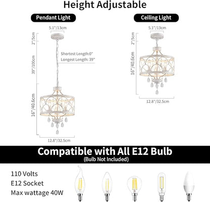 Small Crystal Chandelier, Modern Crystal Chandelier for Dining Room, Rustic Farmhouse White Round Ceiling Pendant Light Fixture for Living Room, Entryway, Hallway, Bedroom, Bathroom