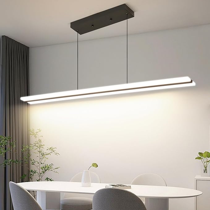 Mikeru Acrylic Linear Pendant Light Dimmable,Modern LED Black Chandelier Fixtures Hanging, Color Temperature and Height Adjustable Table Light for Dining Room, Kitchen, Island 39IN