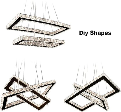 Dimmable Crystal Chandelier, Modern Rectangular 2 Ring LED Pendant Light with Remote & App Control, 20.5"+17" Adjustable Hanging Height, 3 CCT 2500K/4500K/6500K, Kitchen Island Dining Room