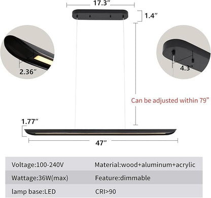 47" Modern Led Linear Pendant Light 36w Dimmable Ceiling Hanging Lights Wood Linear Chandeliers Office Lighting for Dining Room Kitchen Island Pool Table Light Living Room Bar Pendant Light Black