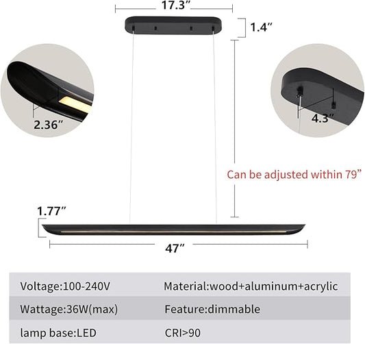 47" Modern Led Linear Pendant Light 36w Dimmable Ceiling Hanging Lights Wood Linear Chandeliers Office Lighting for Dining Room Kitchen Island Pool Table Light Living Room Bar Pendant Light Black