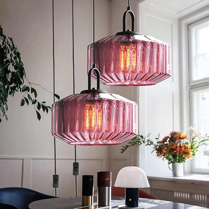 Plug in Hanging Light Glass Globe Pendant Light Plug in Mid Century Modern Pendant Light Fixture with 14.7 ft Cord Purple Striped Glass Shade for Living Dining Room Farmhouse Kitchen