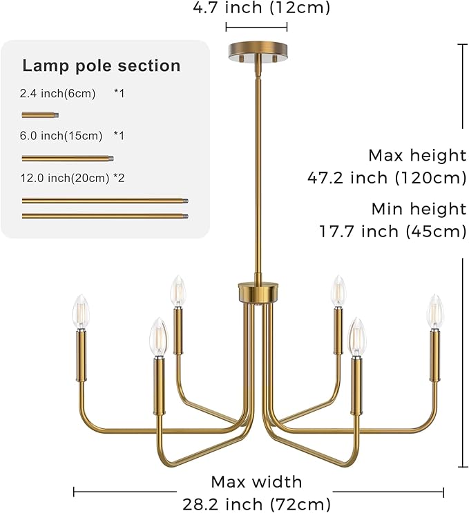 DORESshop Modern Chandelier for Dining Room, 6-Light 28" Brass Farmhouse Chandelier for Dining Room, Dining Light Fixtures Over Table for Bedroom, Hall Kitchen Living Room