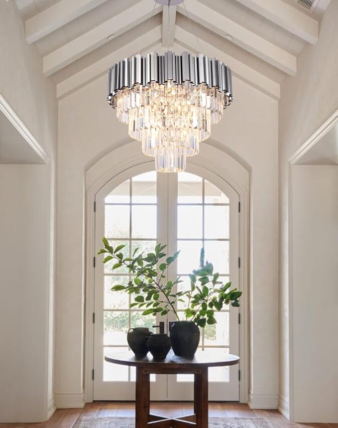 Chrome Crystal Chandelier, 7 Lights 4-Tier Modern Luxury Chandelier Lighting Fixture for Dining Room, Entryway, Bedroom, Round 21.6"