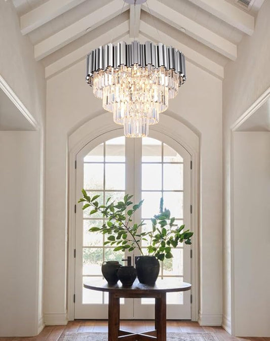 Chrome Crystal Chandelier, 7 Lights 4-Tier Modern Luxury Chandelier Lighting Fixture for Dining Room, Entryway, Bedroom, Round 21.6"