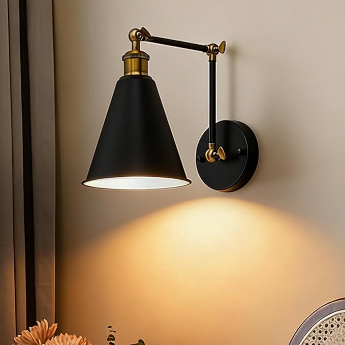 Farmhouse Swing Arm Wall Sconces Lighting 7 inch, Industrial Wall Sconce with Adjustable Arm, Metal Shade, Modern Classic Wall Lamp for Bedside Reading, Living Room, Kitchen