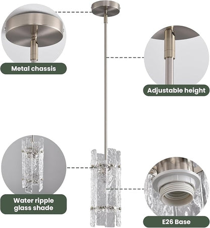 Brushed Nickel Glass Pendant Light for Kitchen Island, Luxury Mini Water Ripple Crystal Chandelier Fixture, Modern round Adjustable Hanging Pendant Lighting for Dining Room Bathroom Hallway (3-Pack)