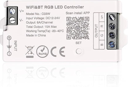 C03W RGB LED Controller, Tuya WiFi & 2.4G RF LED Dimmer for 4Pin SMD FCOB Strip, APP Control, Compatible with Alexa Google Home, Compatible with WR01RF RC03RFB RC04RFB RC05RFB Remote