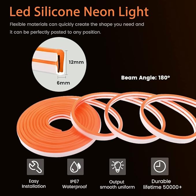 YM E-Bright Orange Led Neon Strip Lights Without Power Supply, 5M 16.4Ft 600SMD Silicone Rope Lamp for Signboard Bar Home Building Indoor Outdoor Decoration Waterproof Flexible DC12V