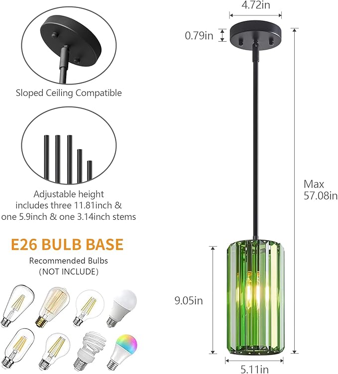 Modern Crystal Pendant Light Mini Dark Green Chandeliers Adjustable Pendant Lights Fixture for Kitchen Island Dinning Room Corridor Bedroom(Dark Green 2-Pack)