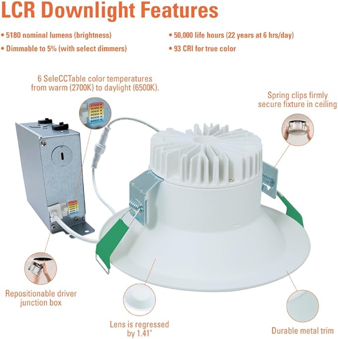 HALO LCR 8 in Canless LED Recessed Ceiling Light, 50W Dimmable Downlight with 6 Selectable CCT 2700K-6500K, 5000 Lumens, Wet Location, IC Rated, Matte White Finish - LCR850RD9FSE010