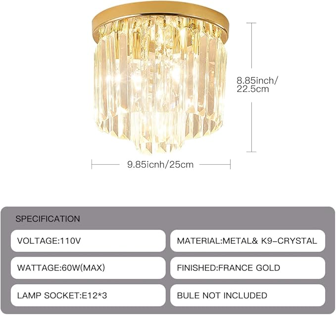 Modern Ceiling Light Crystal Chandelie,2-Tier French Gold Flush Mount Pendant Lighting Fixture for Kitchen Island Light Living Room Bedroom (3-Lights)