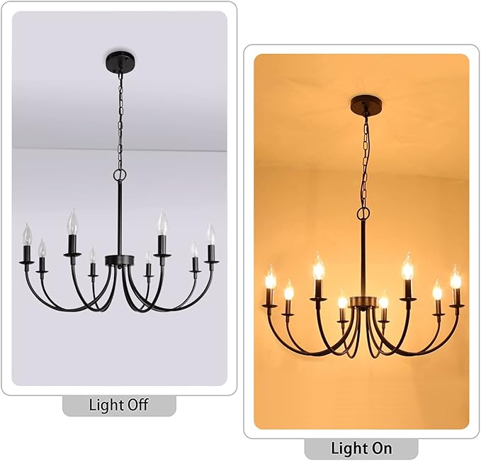 Black Farmhouse Chandeliers, 8 Light Rustic Iron Chandeliers, Classic Candle Ceiling Hanging Pendant Light Fixture for Living Room, Kitchen Island, Foyer, Dining Room Lighting Fixtures